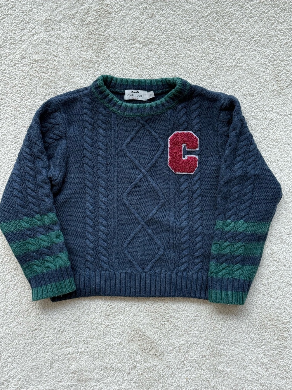 Cyrillus Navy Crewneck Cable-Knit Sweater with Red 'C' and Green Stripes